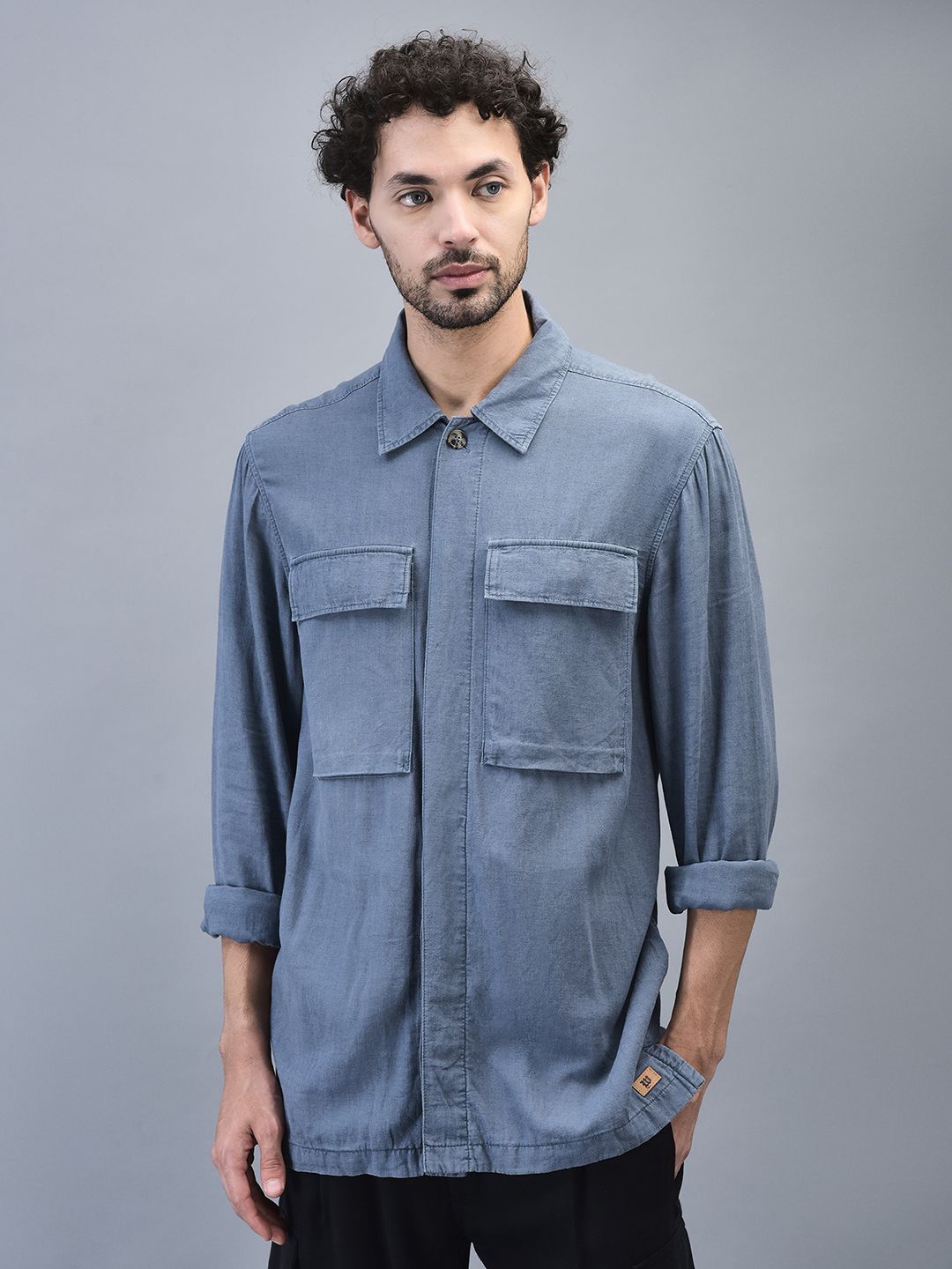 

Woods Men Spread Collar Solid Linen Casual Shirt, Grey