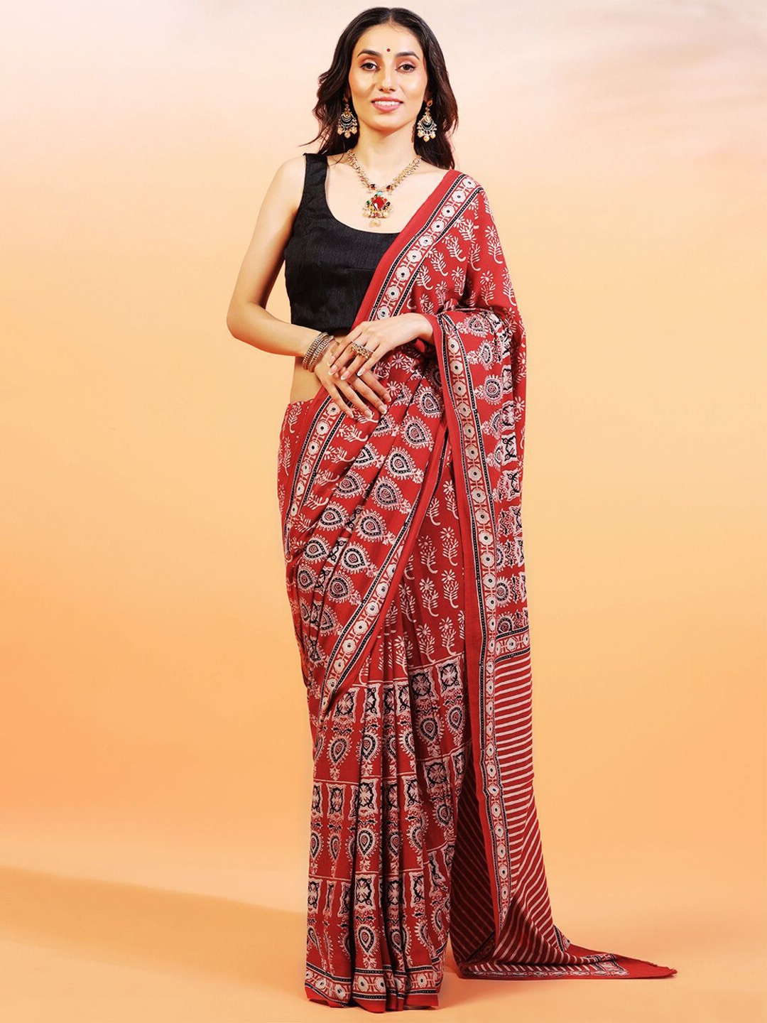 

ADITRI Handloom Handblock Printed Ajrakh Pure Cotton Saree, Red