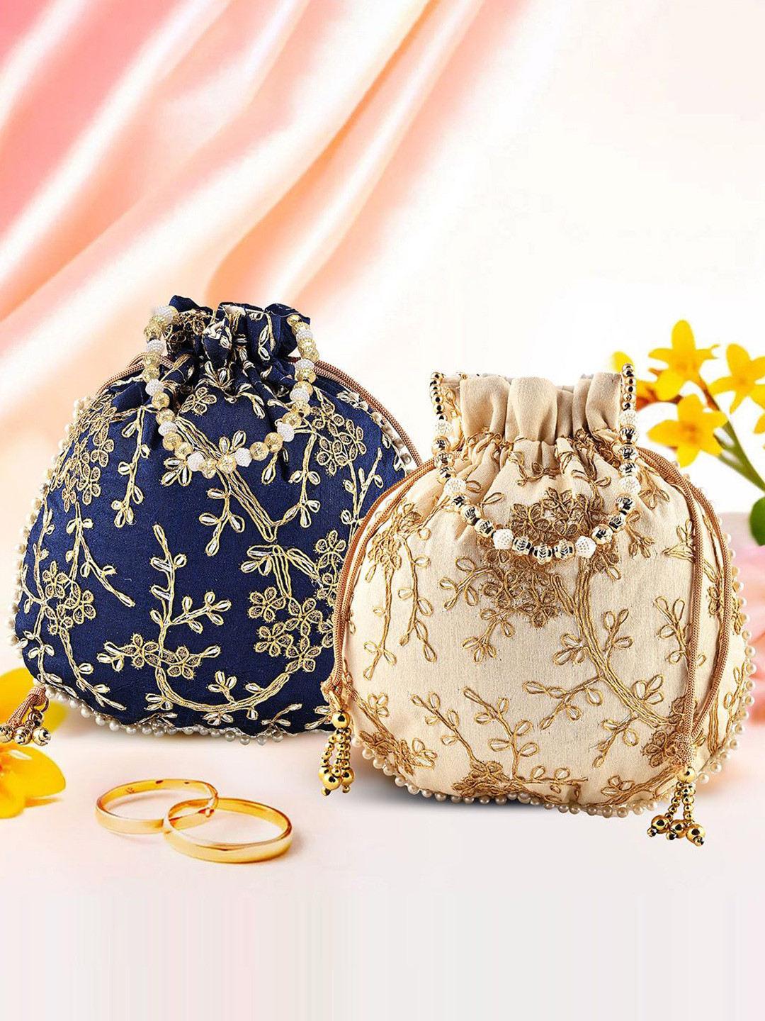 

Kuber Industries Set of 2 Embroidered Potli Bags, Cream