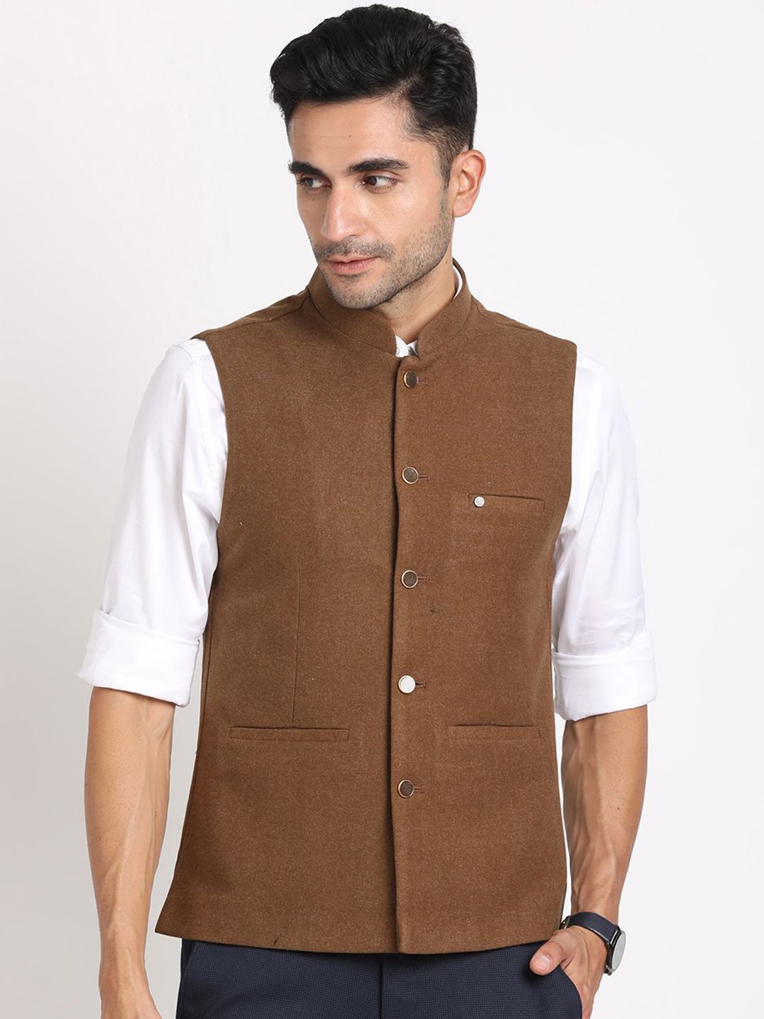 

Turtle Men Woven Nehru Jacket, Brown