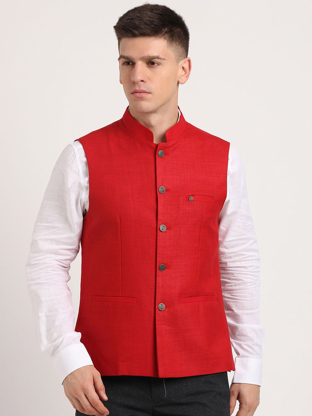 

Turtle Men Woven Nehru Jacket, Red