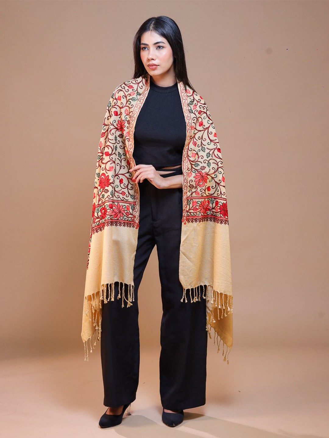 

SWI Stylish Women Embroidered Wool Stole, Beige