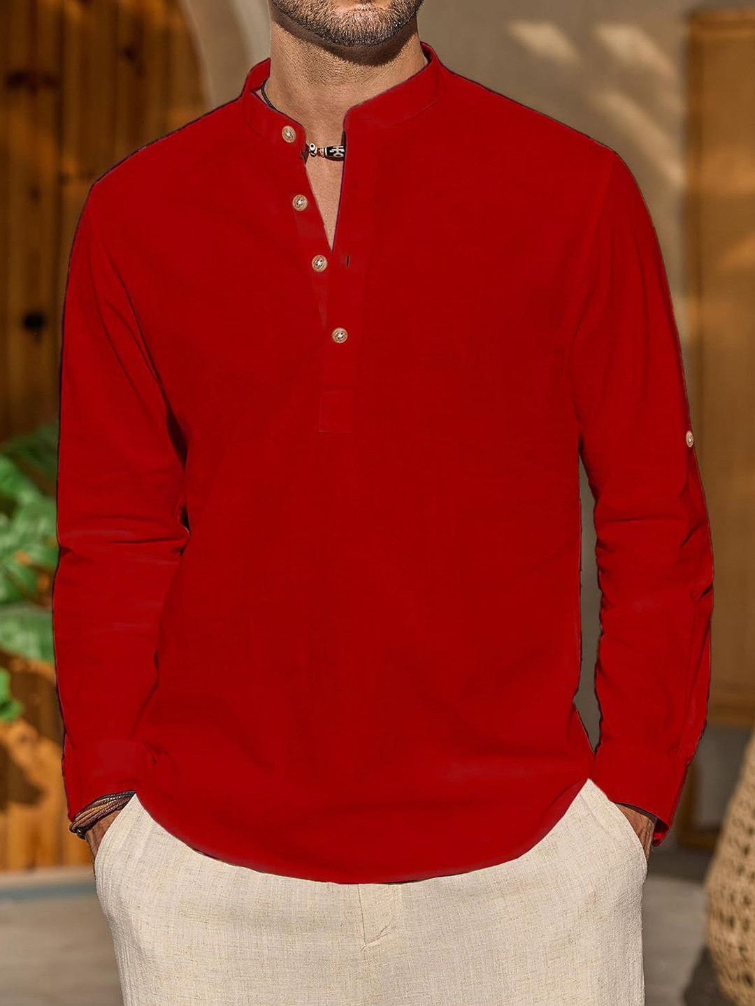 

Vida Loca Band Collar Slim Fit Cotton Straight Kurta, Red