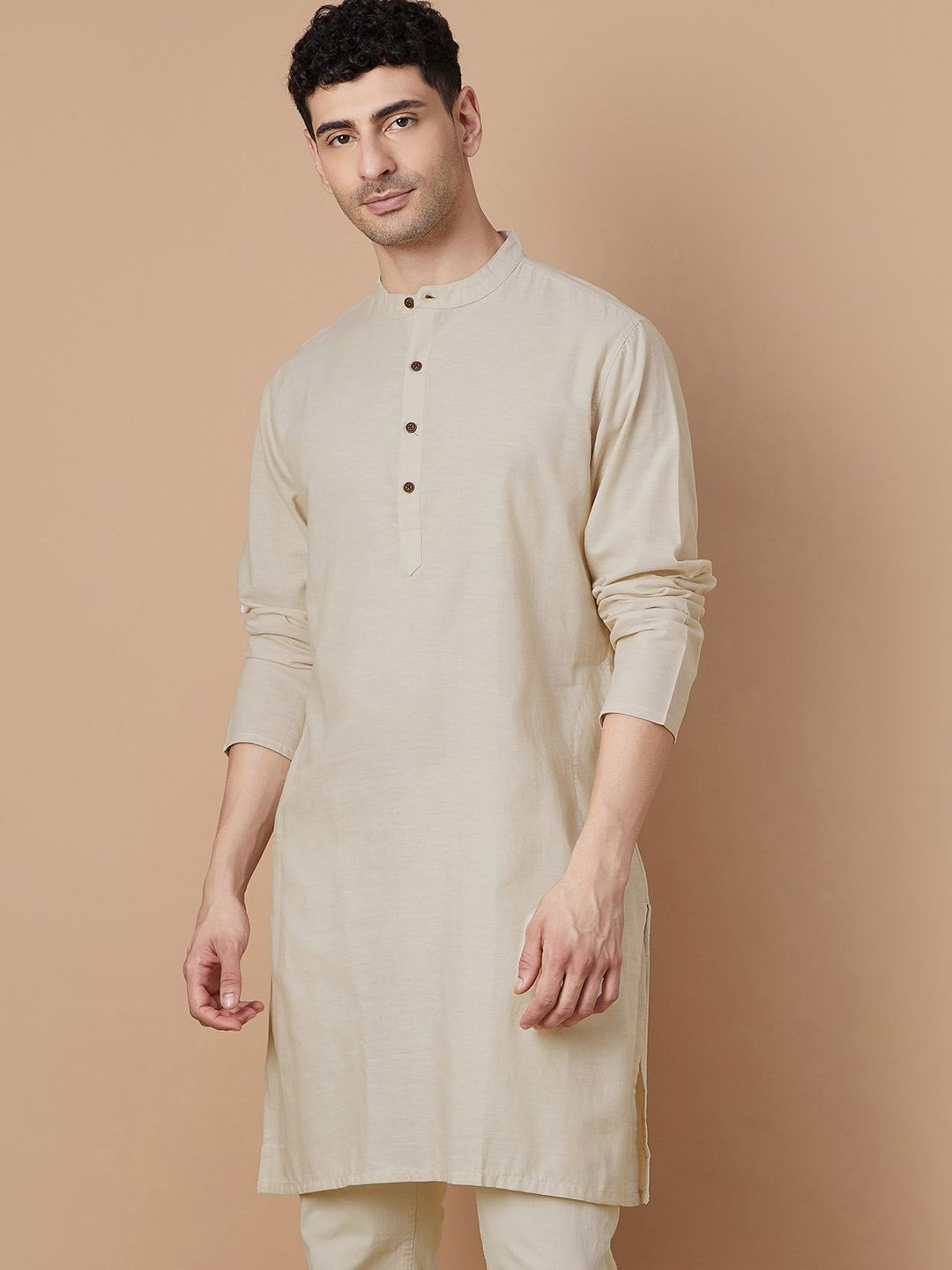 

Melange by Lifestyle Mandarin Collar Cotton Straight Kurta, Beige