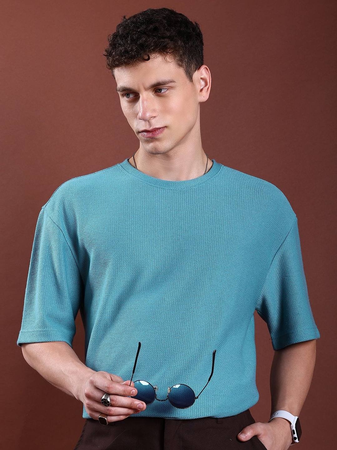 

HIGHLANDER Men Self Design Round Neck Oversized T-shirt, Blue