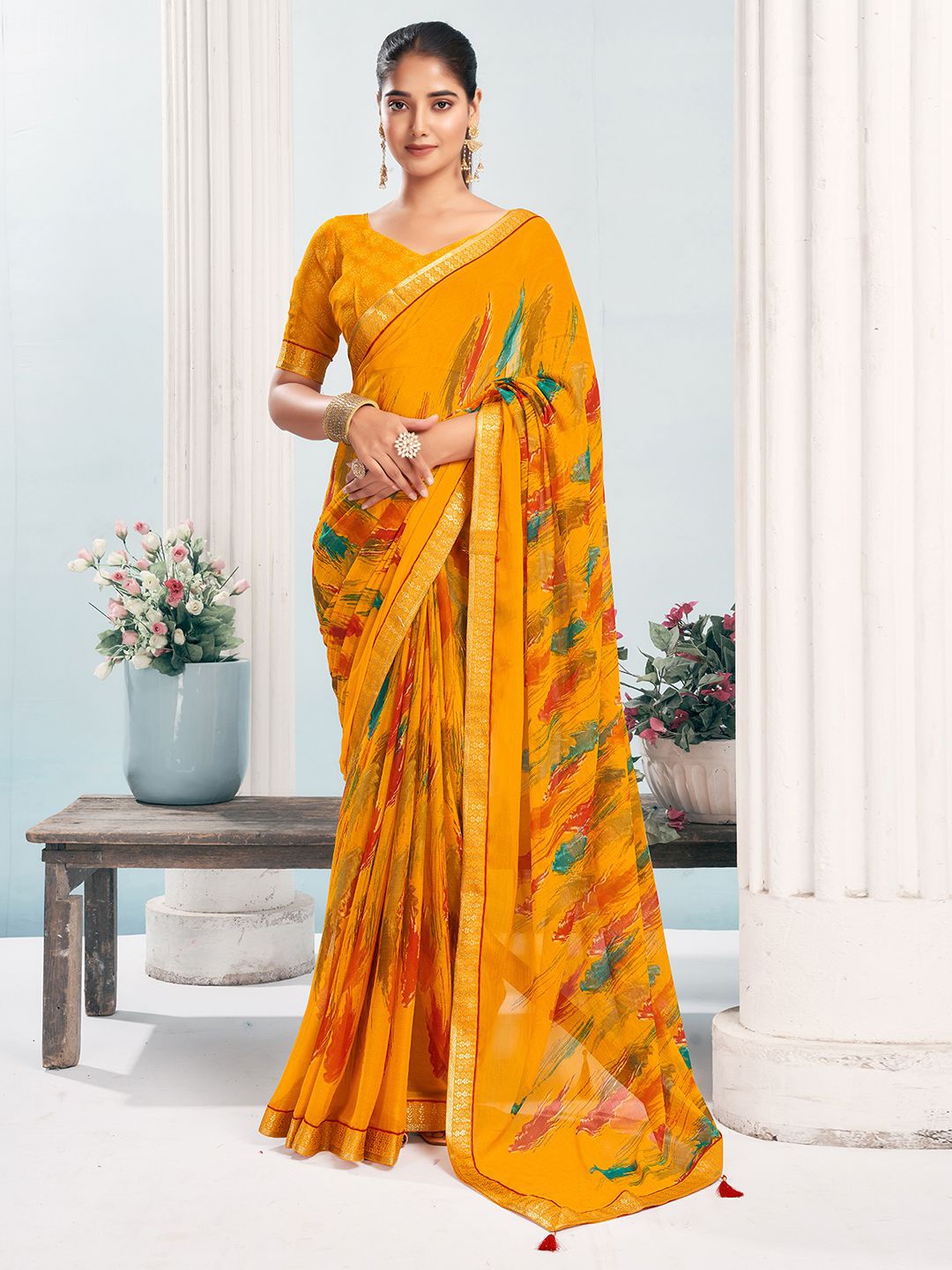 

KALINI Pure Chiffon Printed Abstract Saree, Yellow