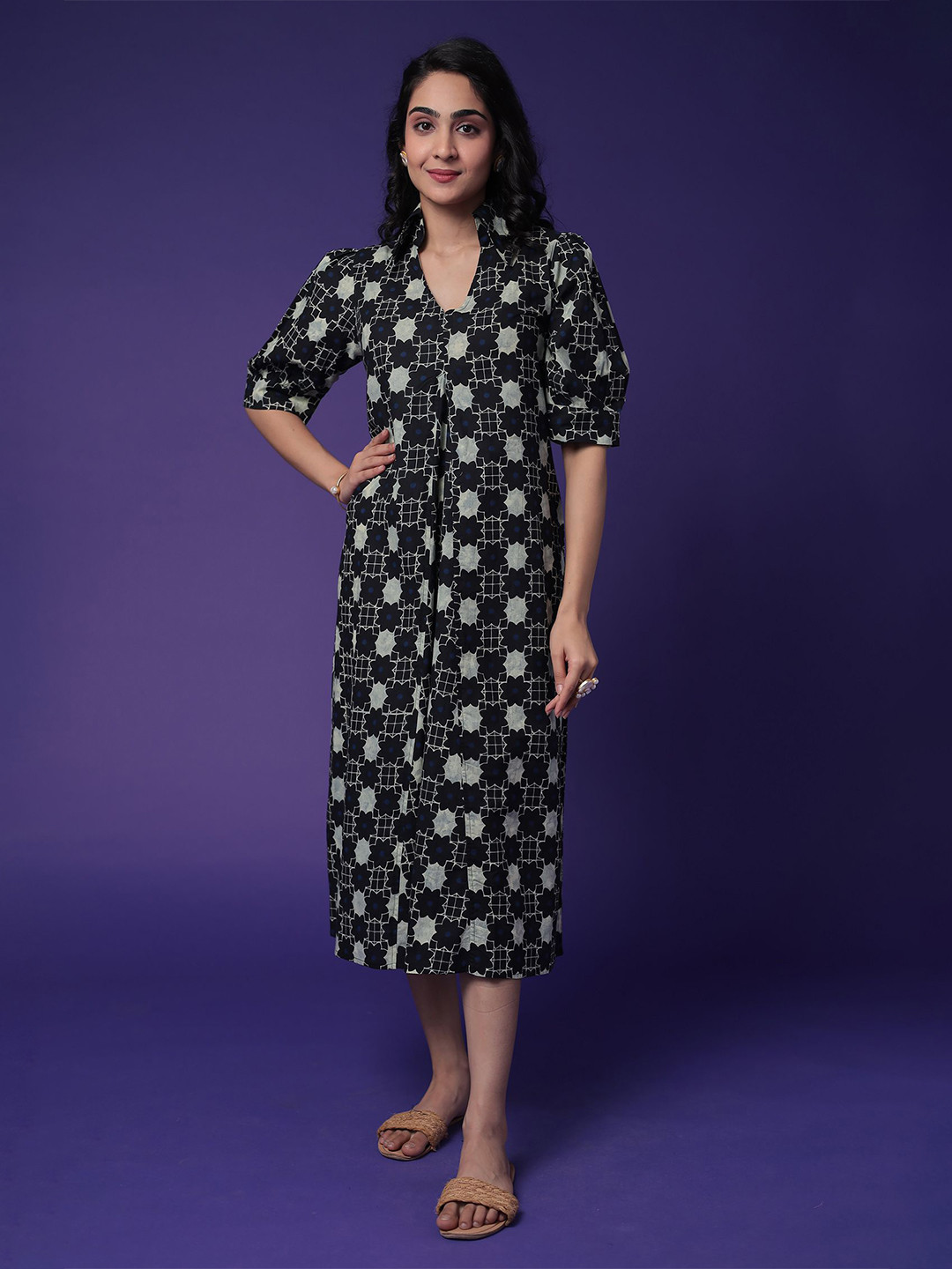 

ZARI Women's Floral Print A-Line Midi Dress, Black