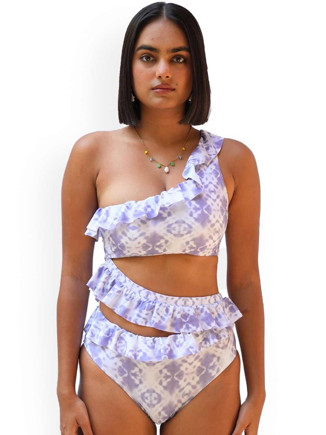 

TFW Women Printed Monokini With Ruffles One Shoulder Bodysuit, White