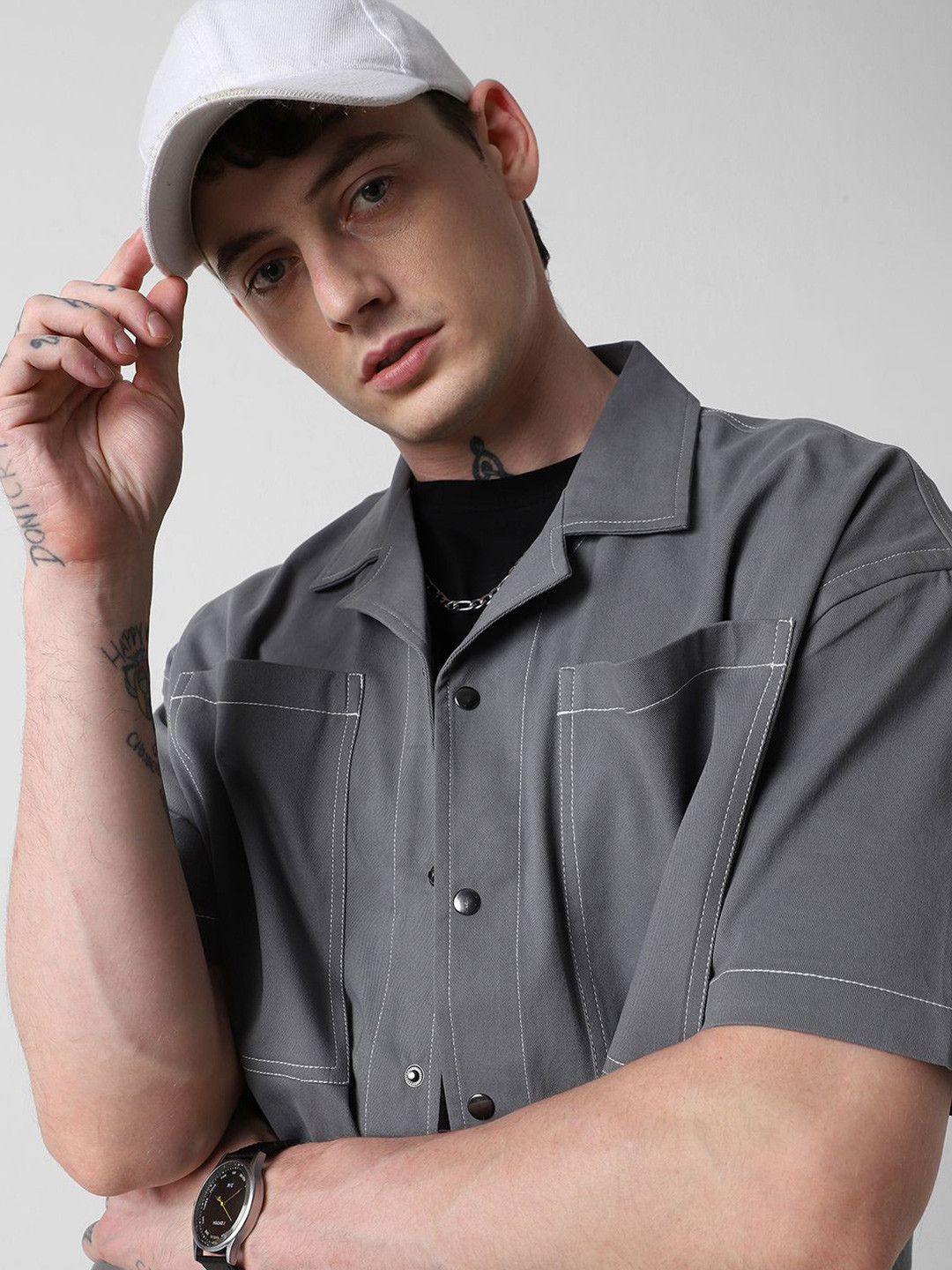 

VASTRADO Men Classic Cuban Collar Solid Cotton Oversized Casual Shirt, Grey