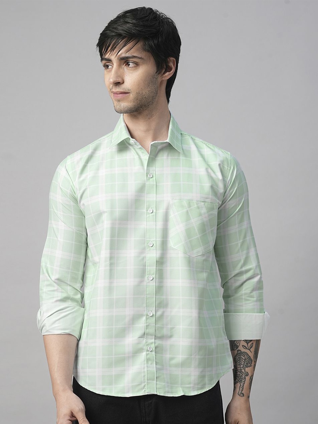 

TRYBUY.IN Men Standard Spread Collar Buffalo Checked Cotton Casual Shirt, Green