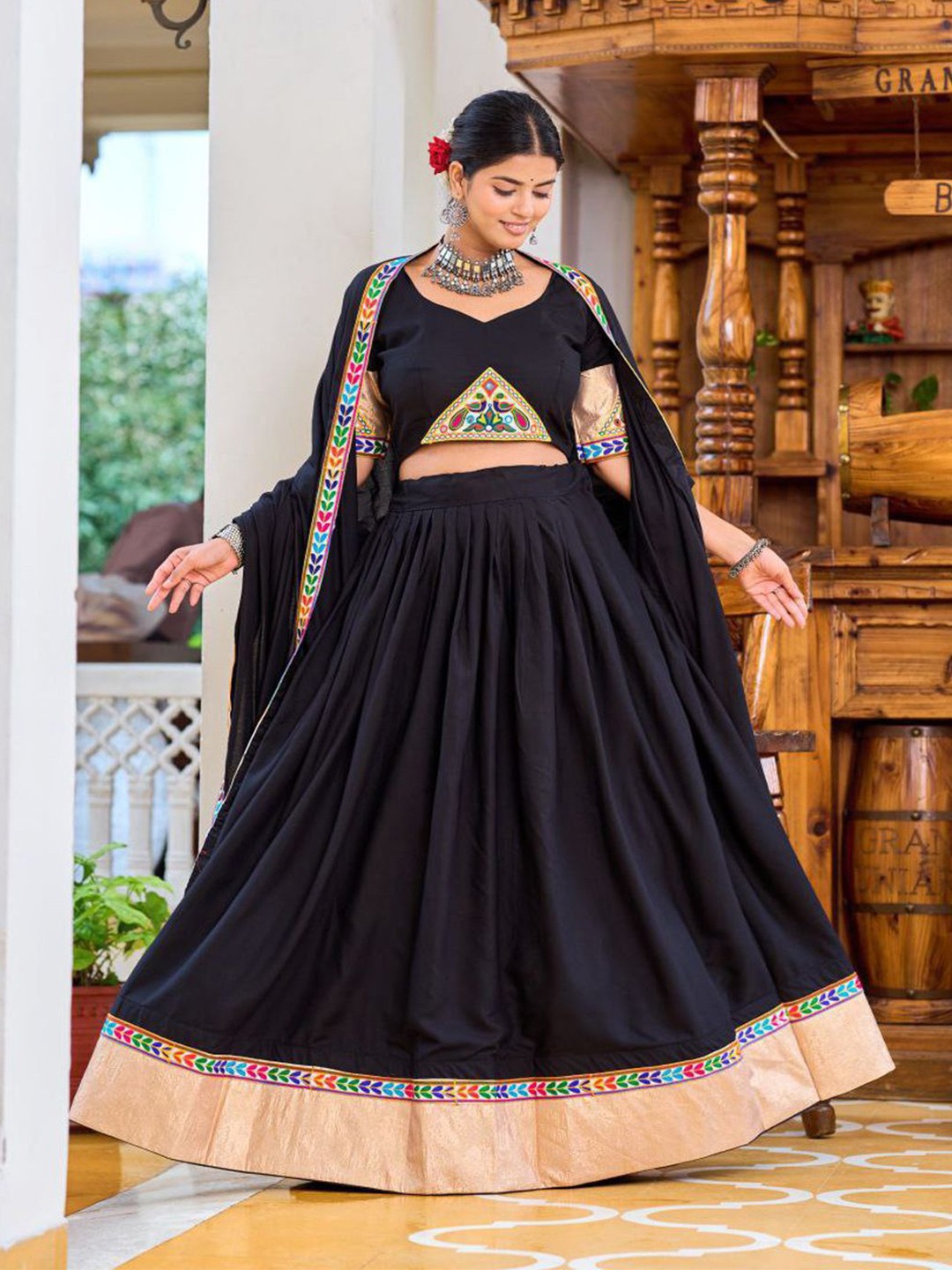 

ZIBLON Embroidered Patchwork Ready to Wear Lehenga & Blouse With Dupatta, Black