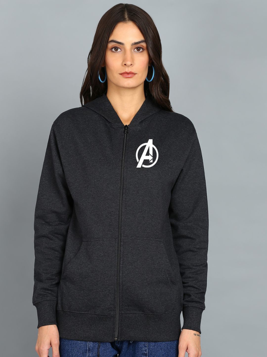

FALTU.CO Women Printed Hooded Sweatshirt, Charcoal