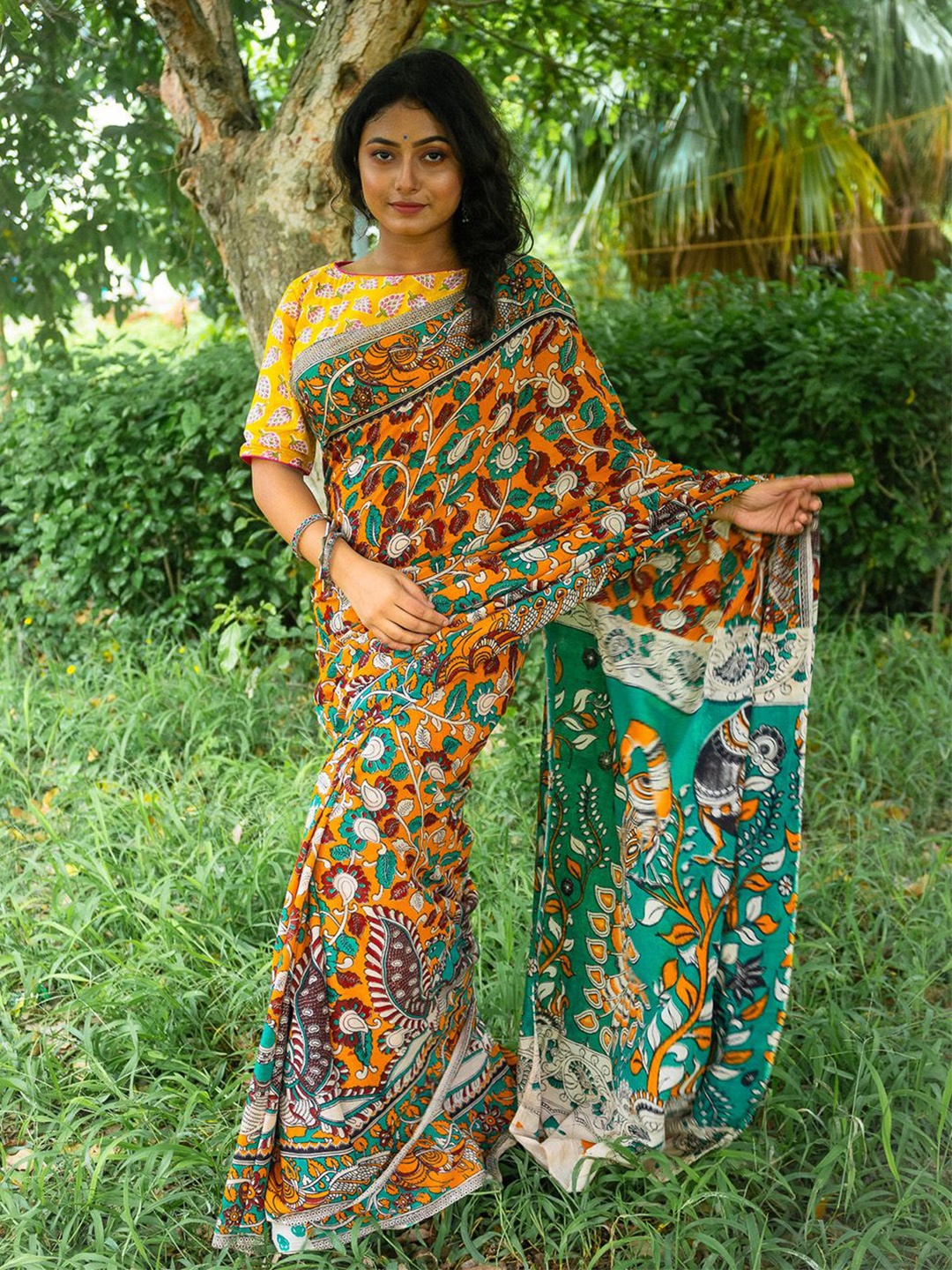 

Uttariya Kalamkari Printed Pure Cotton Saree, Yellow