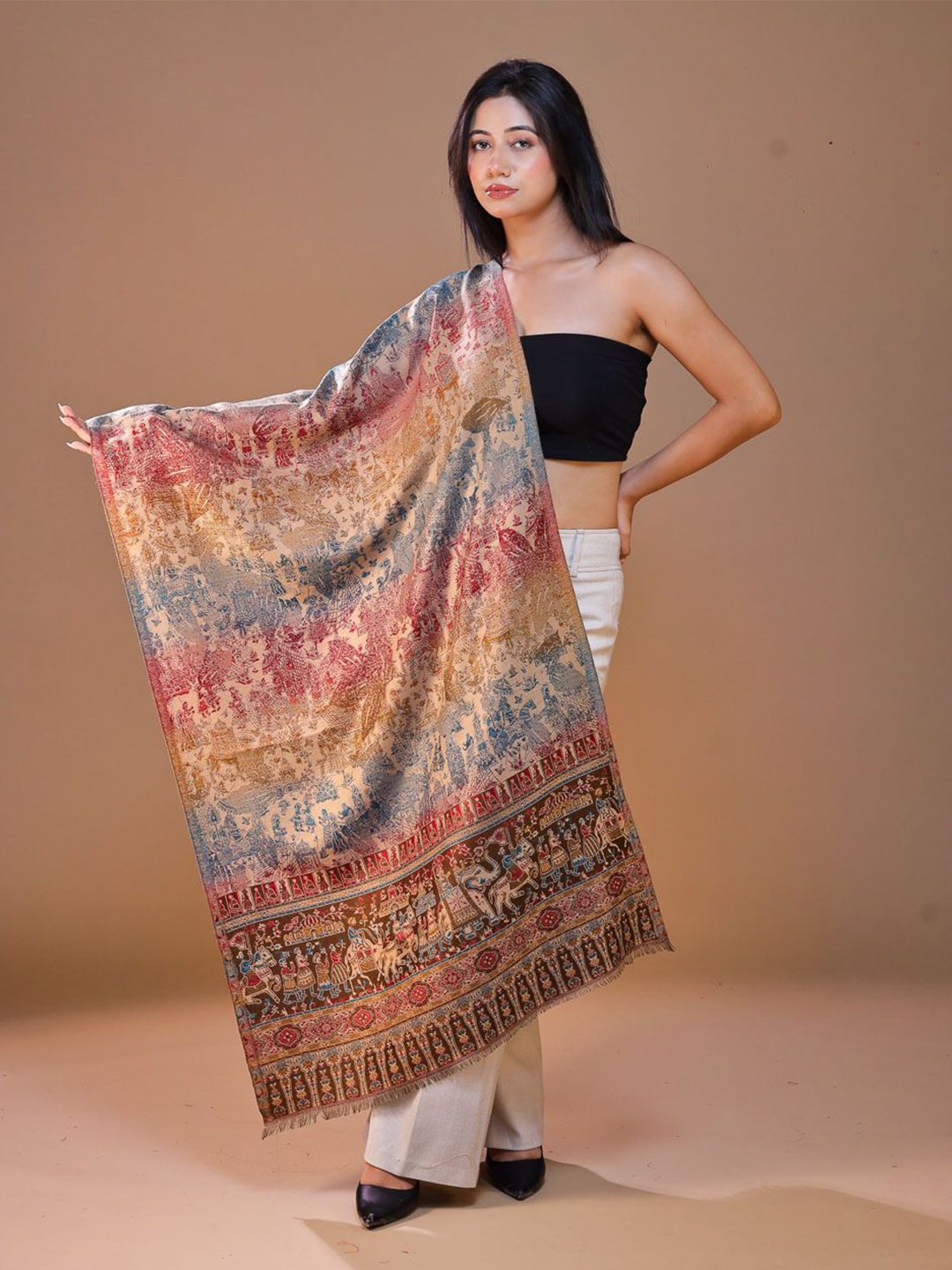 

SWI Stylish Women Floral Printed Fringed Stole, Brown