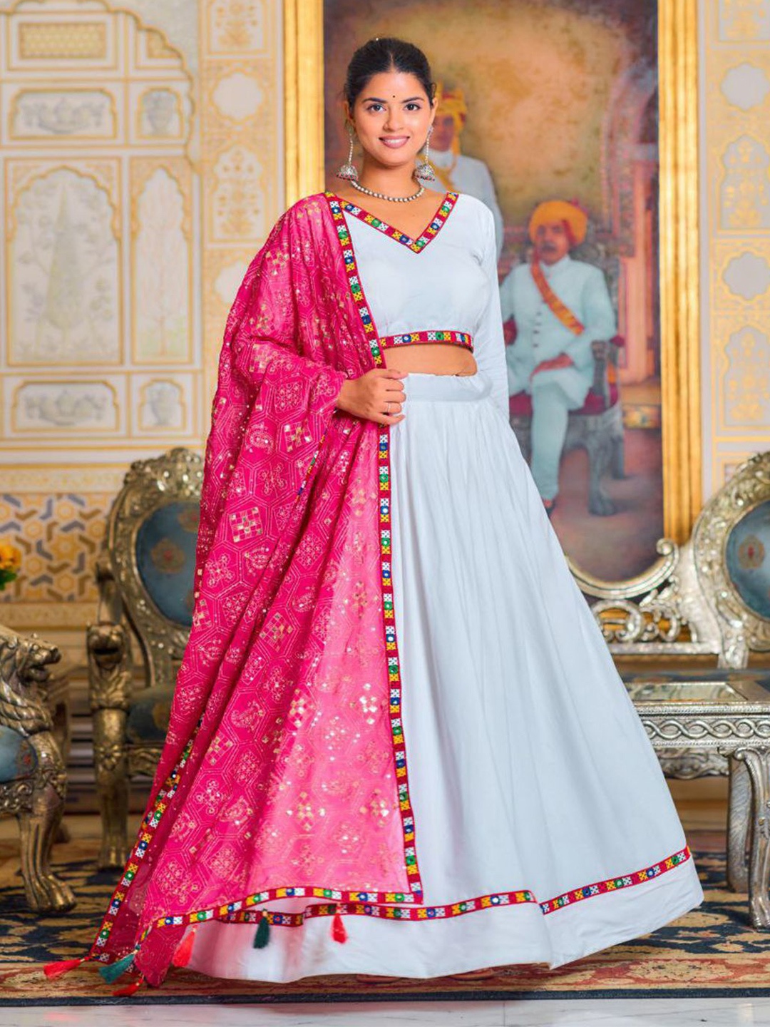 

ZIBLON Embroidered Mirror Work Ready to Wear Lehenga & Blouse With Dupatta, White