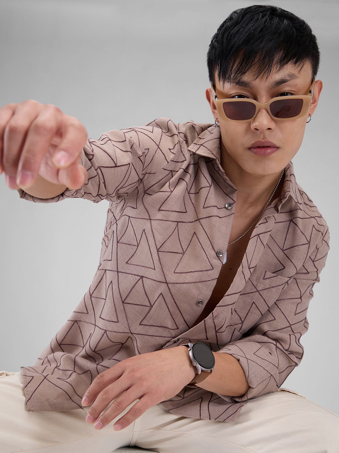 

VASTRADO Men Classic Spread Collar Geometric Printed Cotton Slim Fit Casual Shirt, Beige