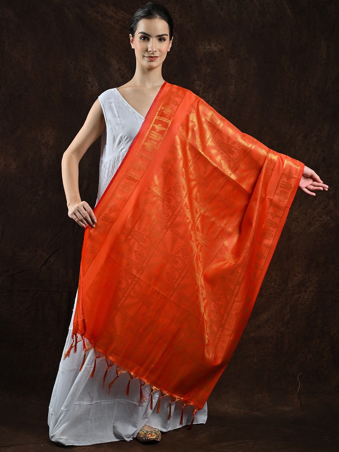 

Exotic India Venkateswar Brocaded Prayer Shawl and Woven Om Namo Venkatesaya Namaha Mantra, Orange