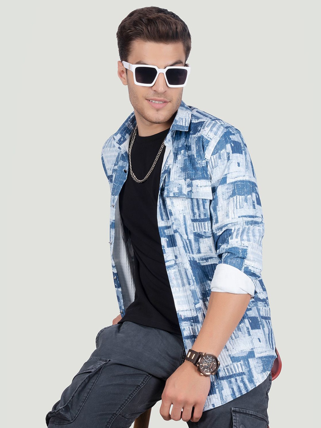 

ALMATY Men Comfort Spread Collar Abstract Printed Cotton Slim Fit Party Shirt, Blue