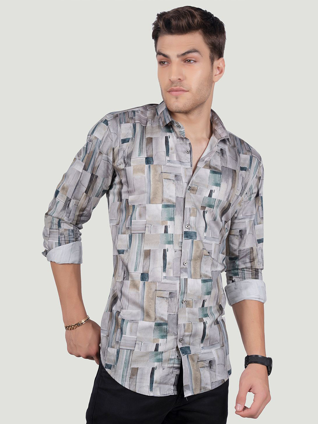 

ALMATY Men Comfort Spread Collar Geometric Printed Cotton Slim Fit Party Shirt, Grey
