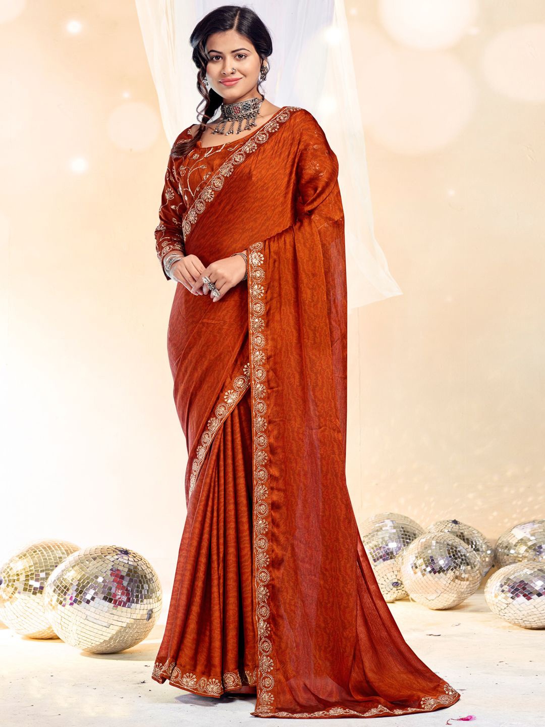 

Mitera Beads and Stones Embelished Saree, Rust