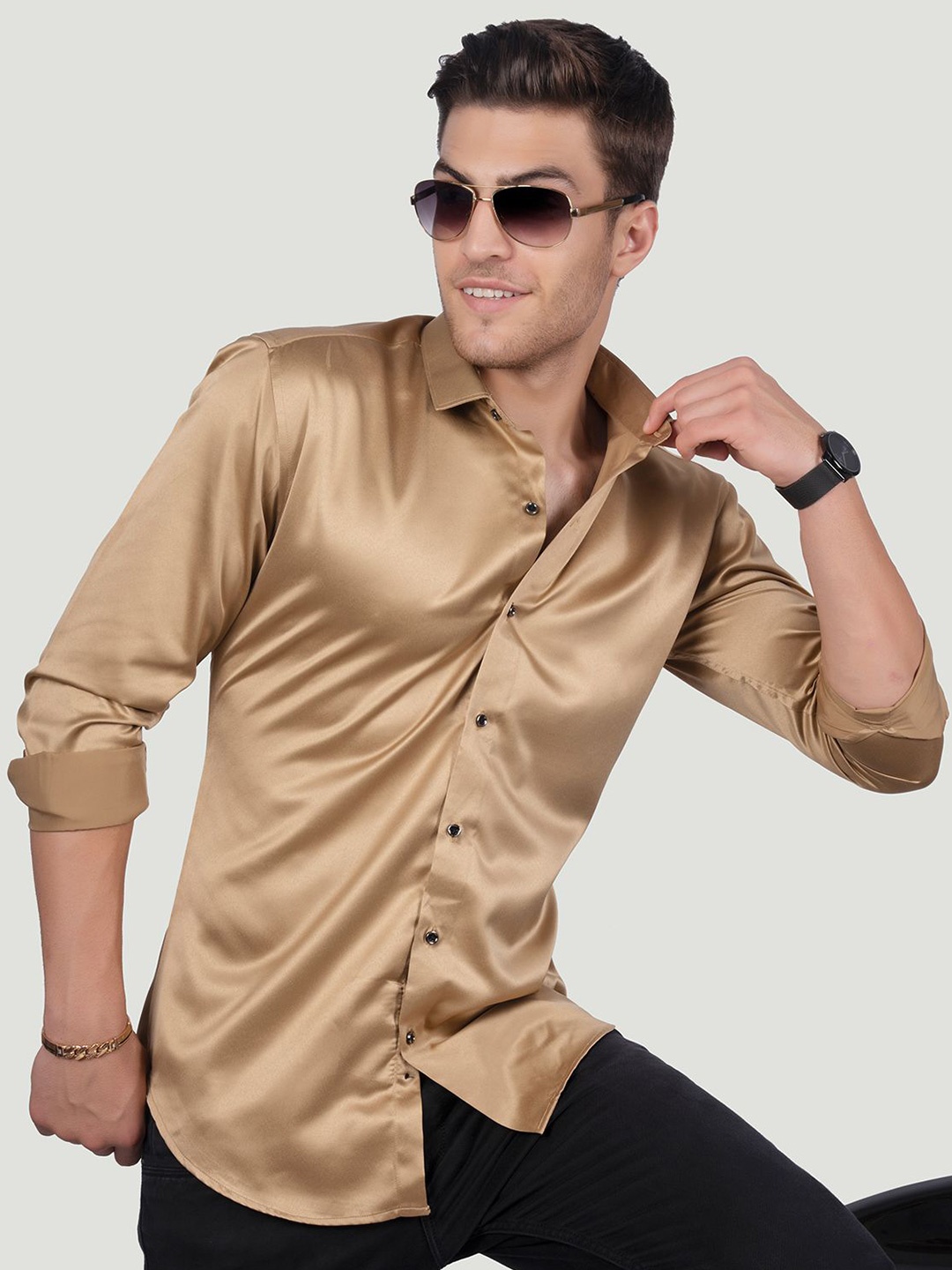 

ALMATY Men Comfort Spread Collar Solid Cotton Slim Fit Party Shirt, Gold