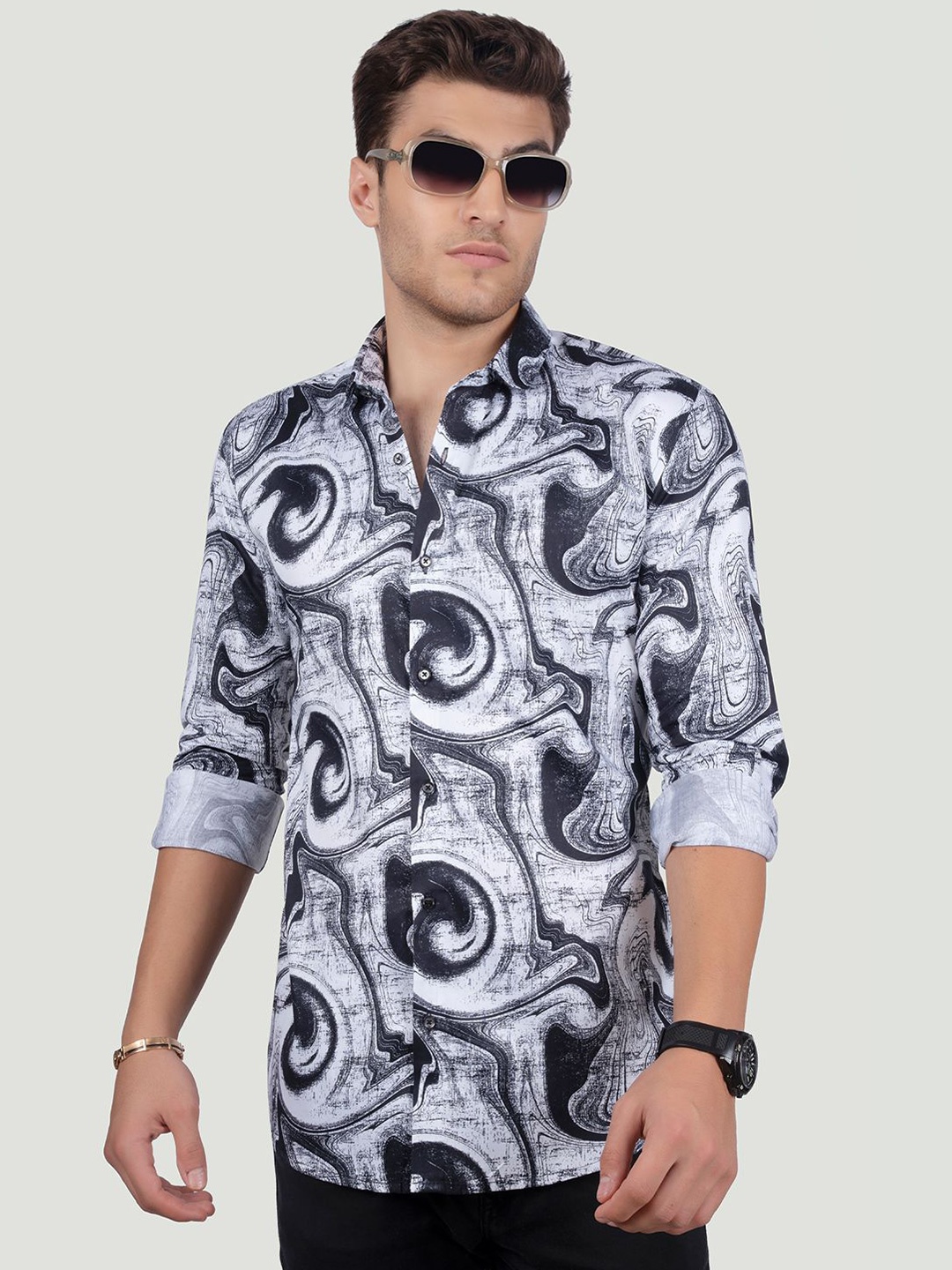 

ALMATY Men Comfort Spread Collar Abstract Printed Cotton Slim Fit Party Shirt, Grey