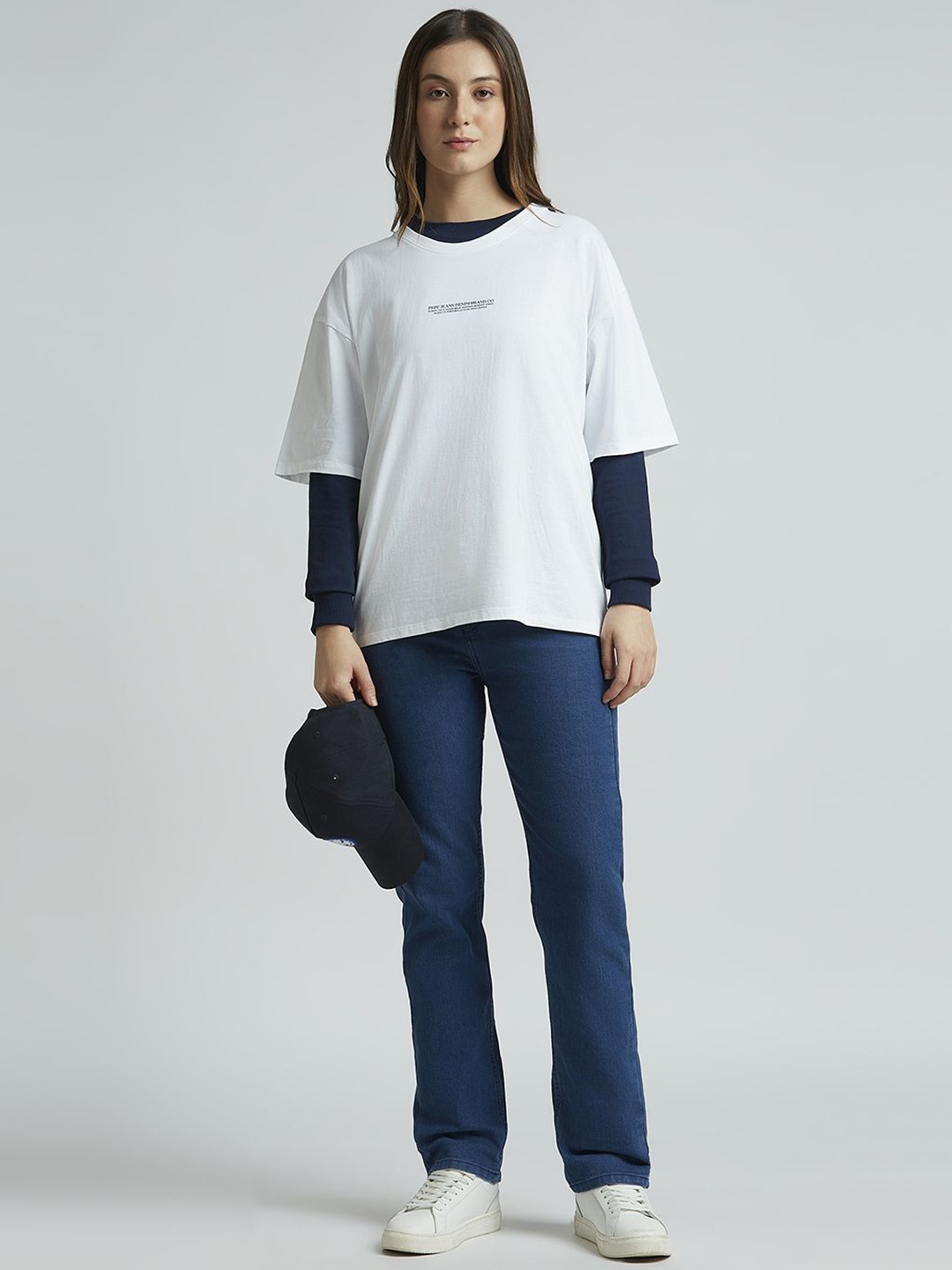 

Pepe Jeans Women Graphic Printed Round Neck Pure Cotton Oversized T-shirt, White