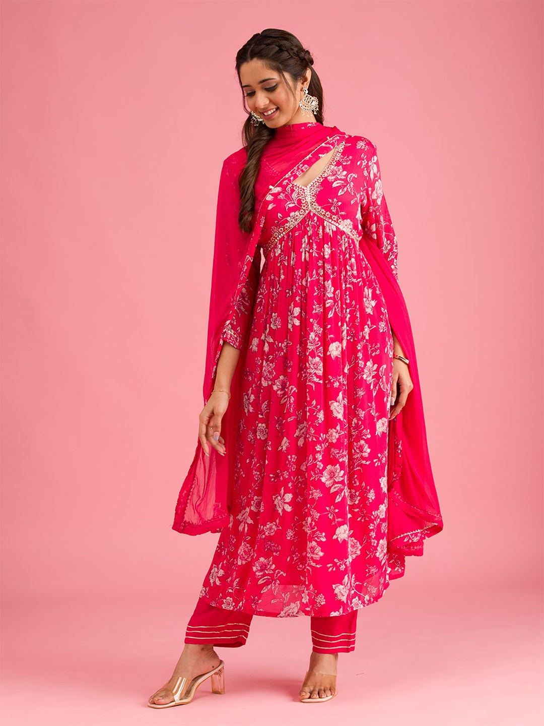 

Koskii Floral Printed Pleated Mirror Work Silk Crepe A-Line Kurta with Trousers & Dupatta, Pink