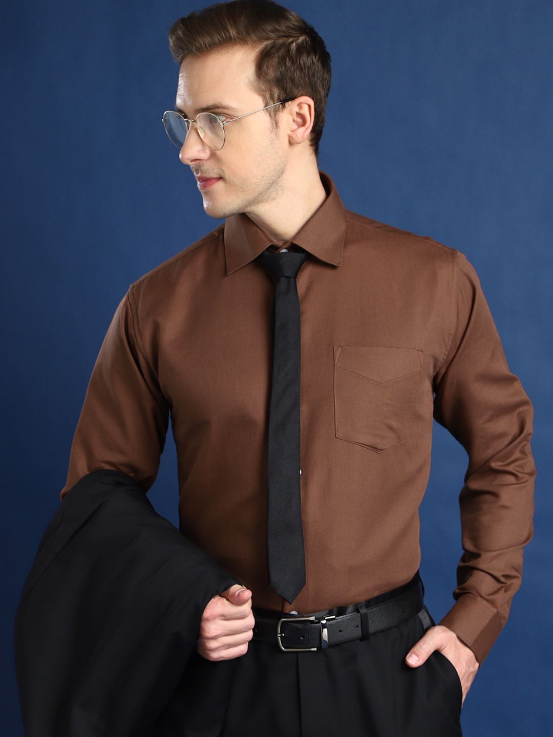 

Hancock Men Standard Spread Collar Solid Cotton Slim Fit Formal Shirt, Brown