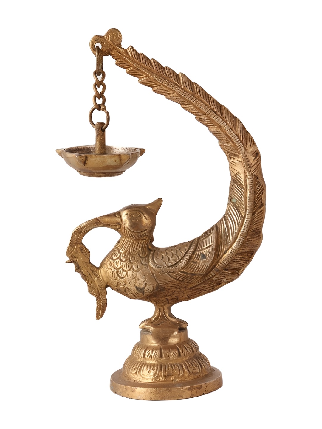 

Indianshelf Gold-Toned Textured Peacock Bird Hanging Diya