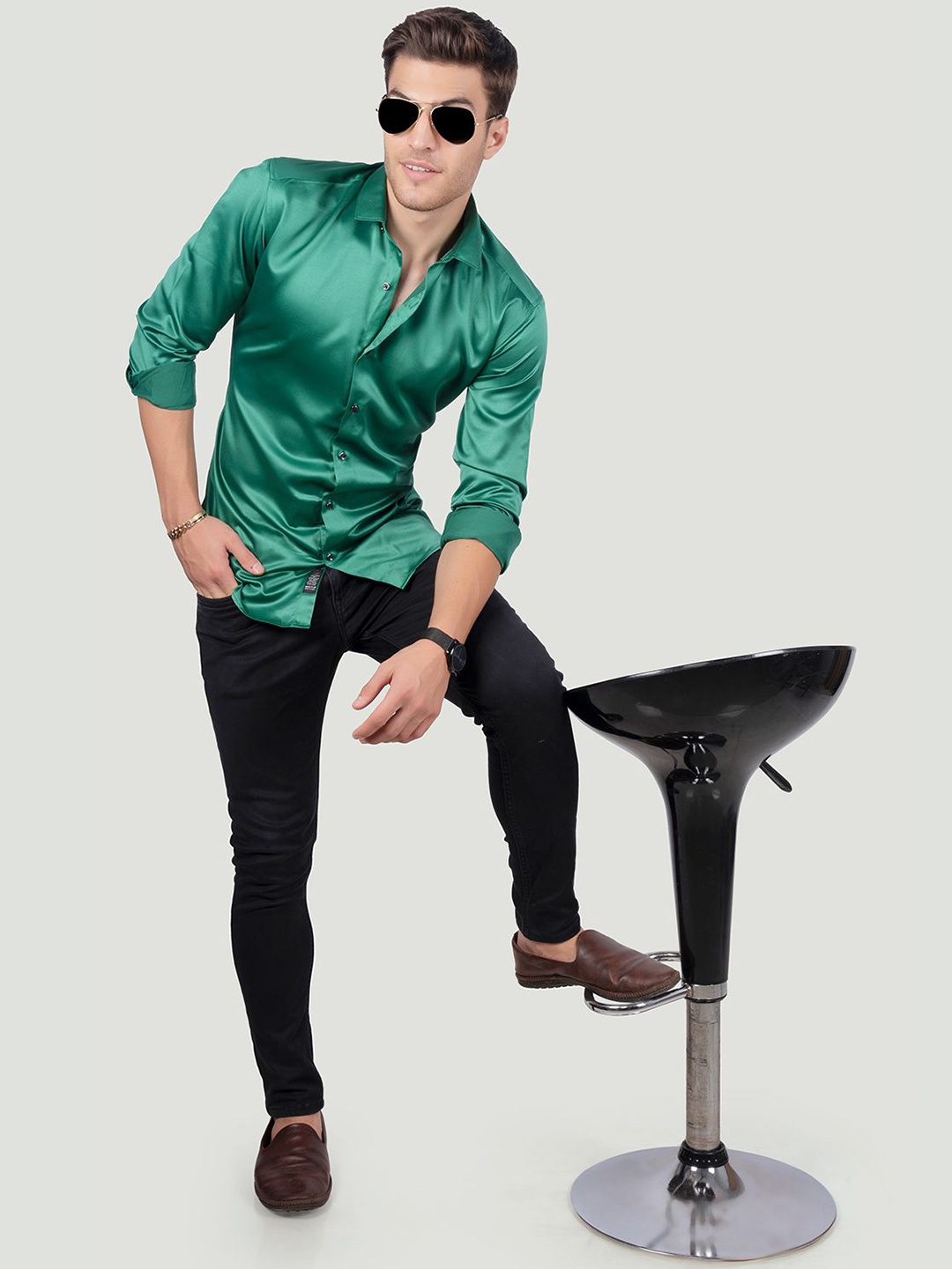 

ALMATY Men Comfort Spread Collar Solid Cotton Slim Fit Party Shirt, Green