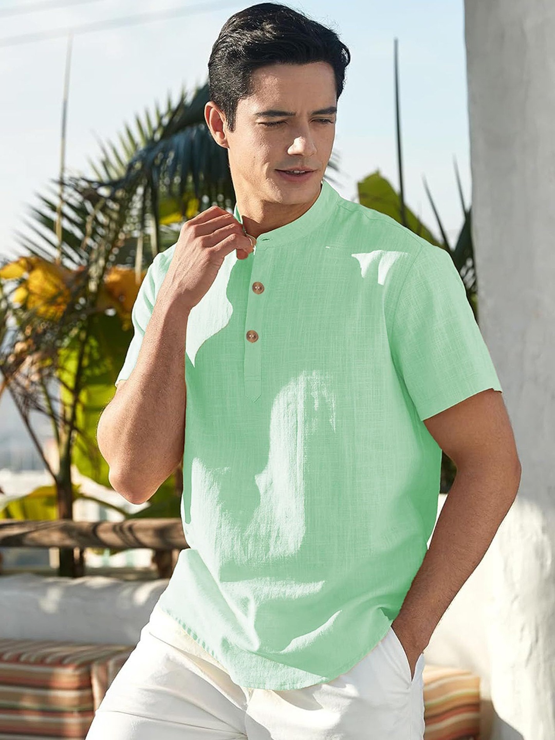

Vida Loca Band Collar Pure Cotton Short Kurta, Lime green