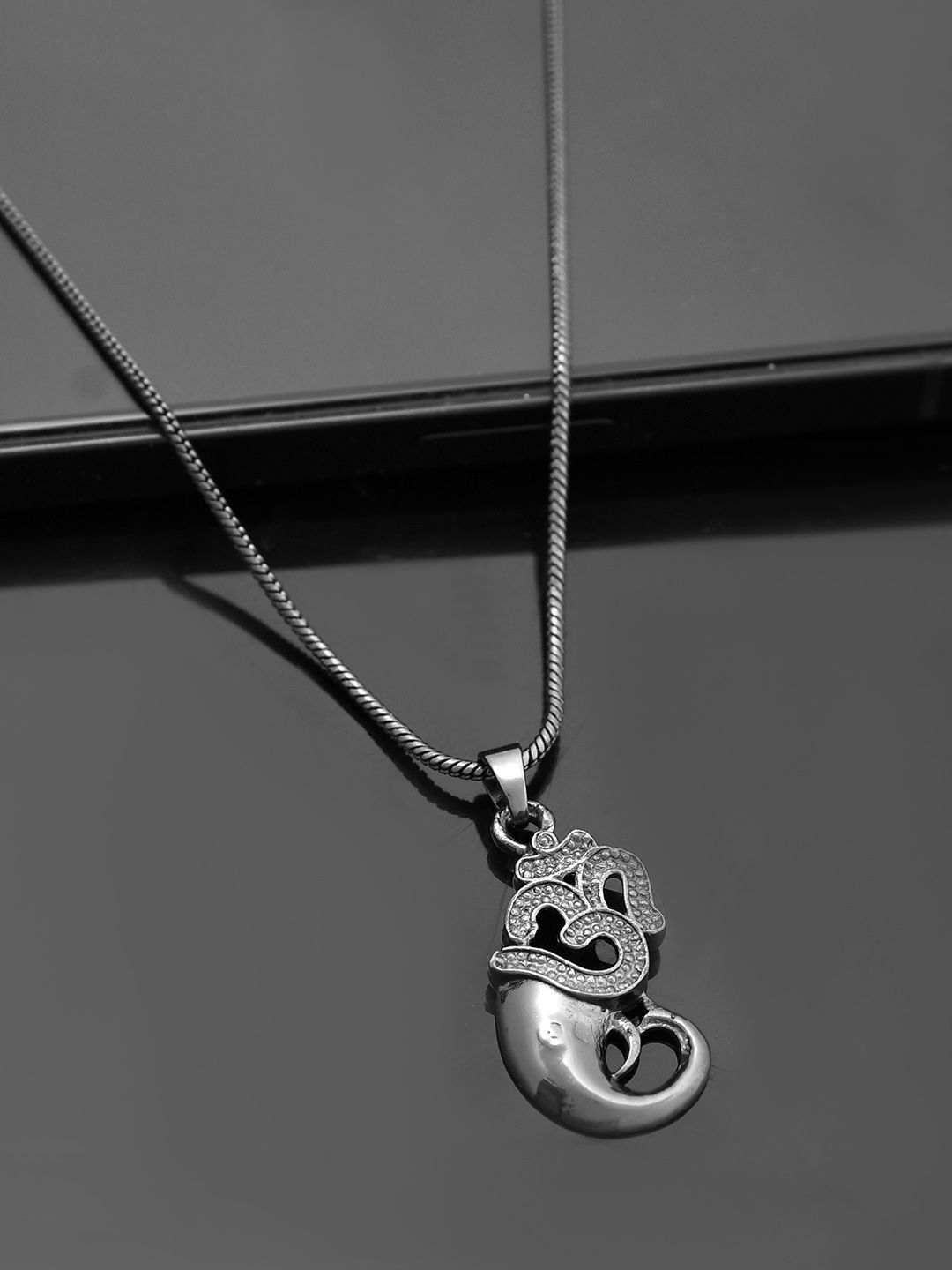

Voylla Men Rhodium-Plated Eclipse Ganesha & Om Divine Pendant With Chain, Silver