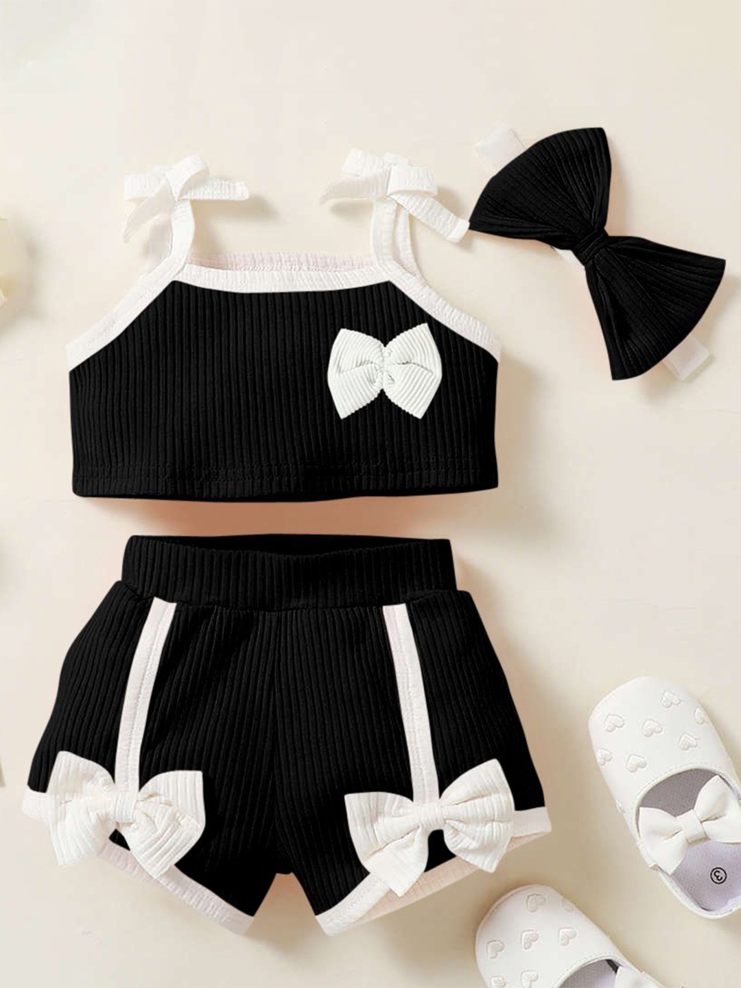

Emblica Unisex Kids Striped Bow Top with Shorts, Black
