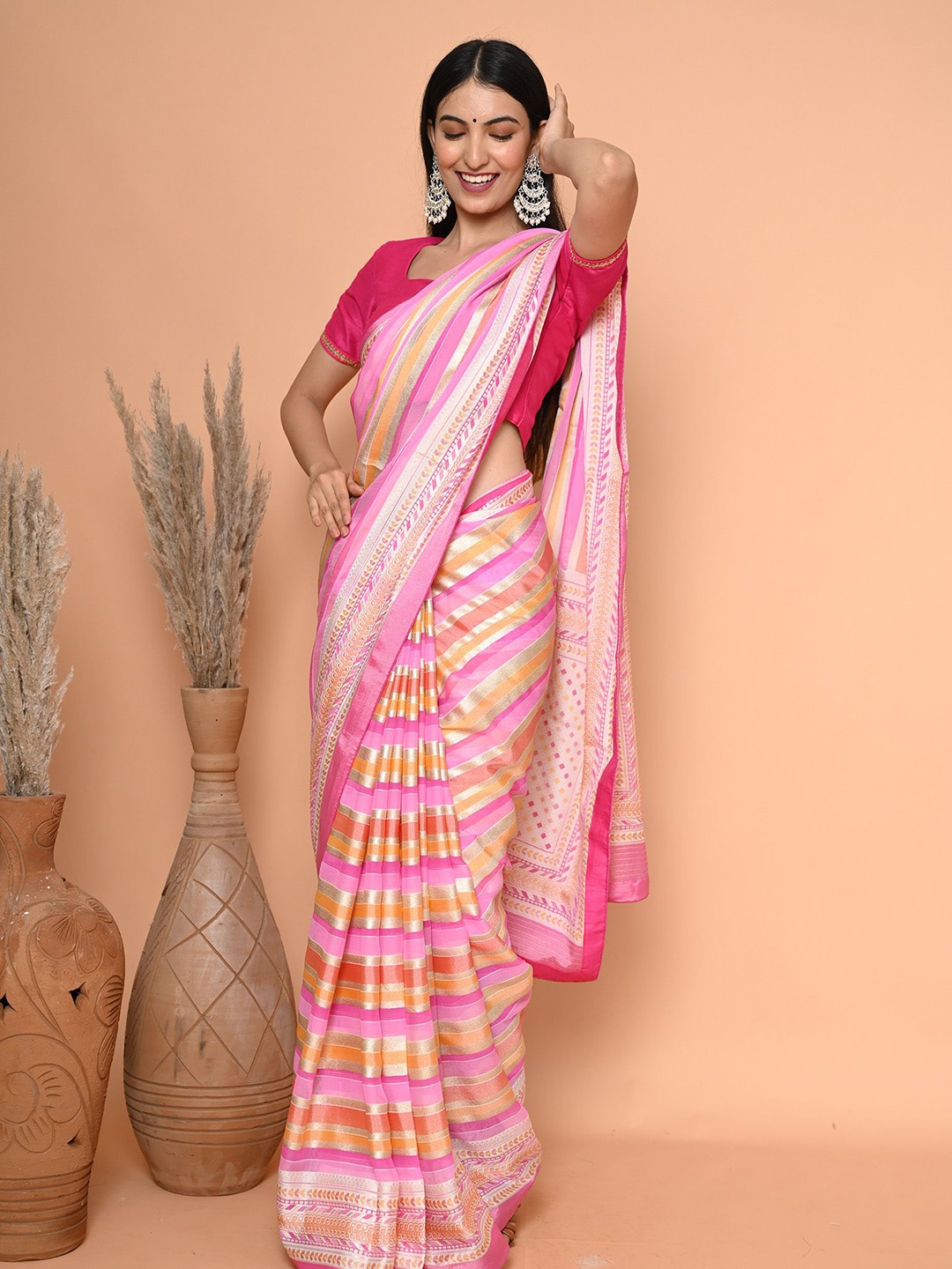 

BEATITUDE Striped Ready to Wear Saree, Pink