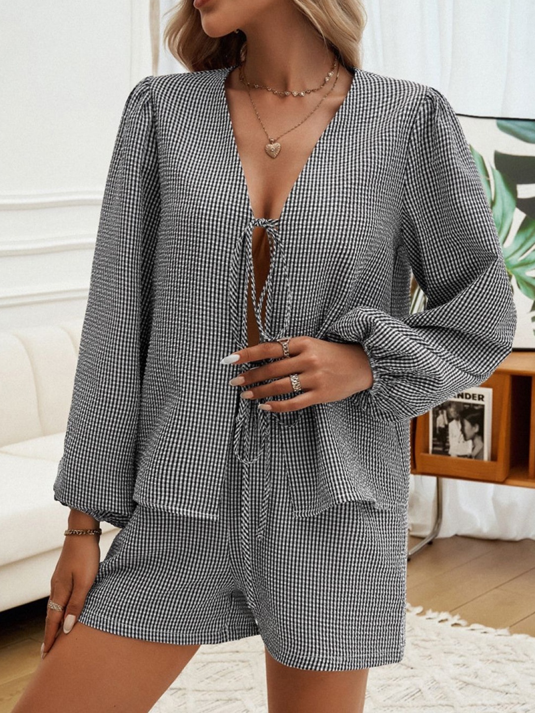 

KPOP Checked Top With Shorts Co-Ords, Grey