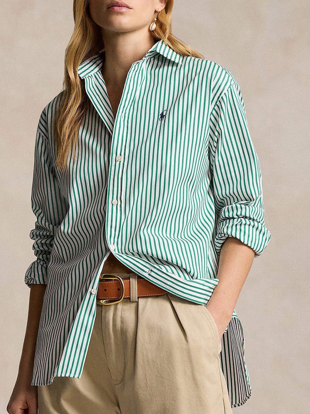 

Polo Ralph Lauren Women Spread Collar Vertical Striped Cotton Relaxed Fit Casual Shirt, White