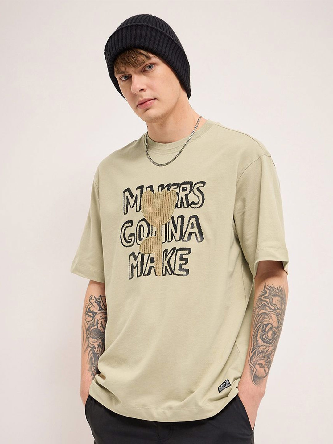 

THE BEAR HOUSE Men Graphic Printed Round Neck Cotton Oversized T-shirt, Beige