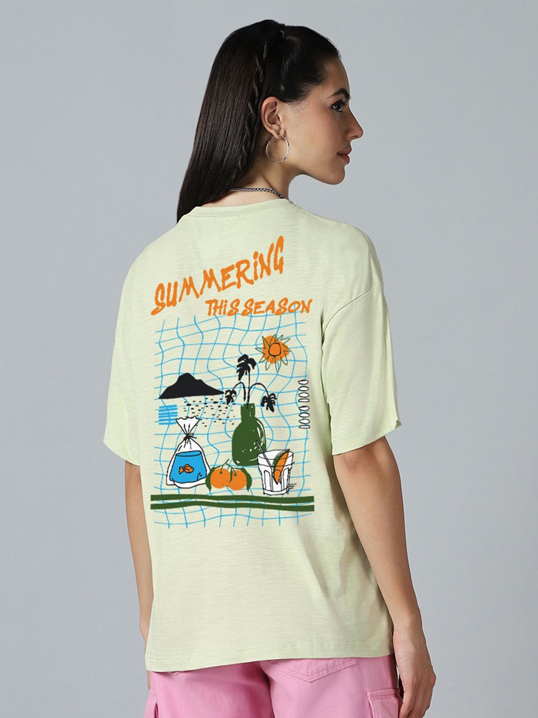 

Bewakoof Air 1.0 Women Summering Graphic Printed Oversized T-shirt, Green