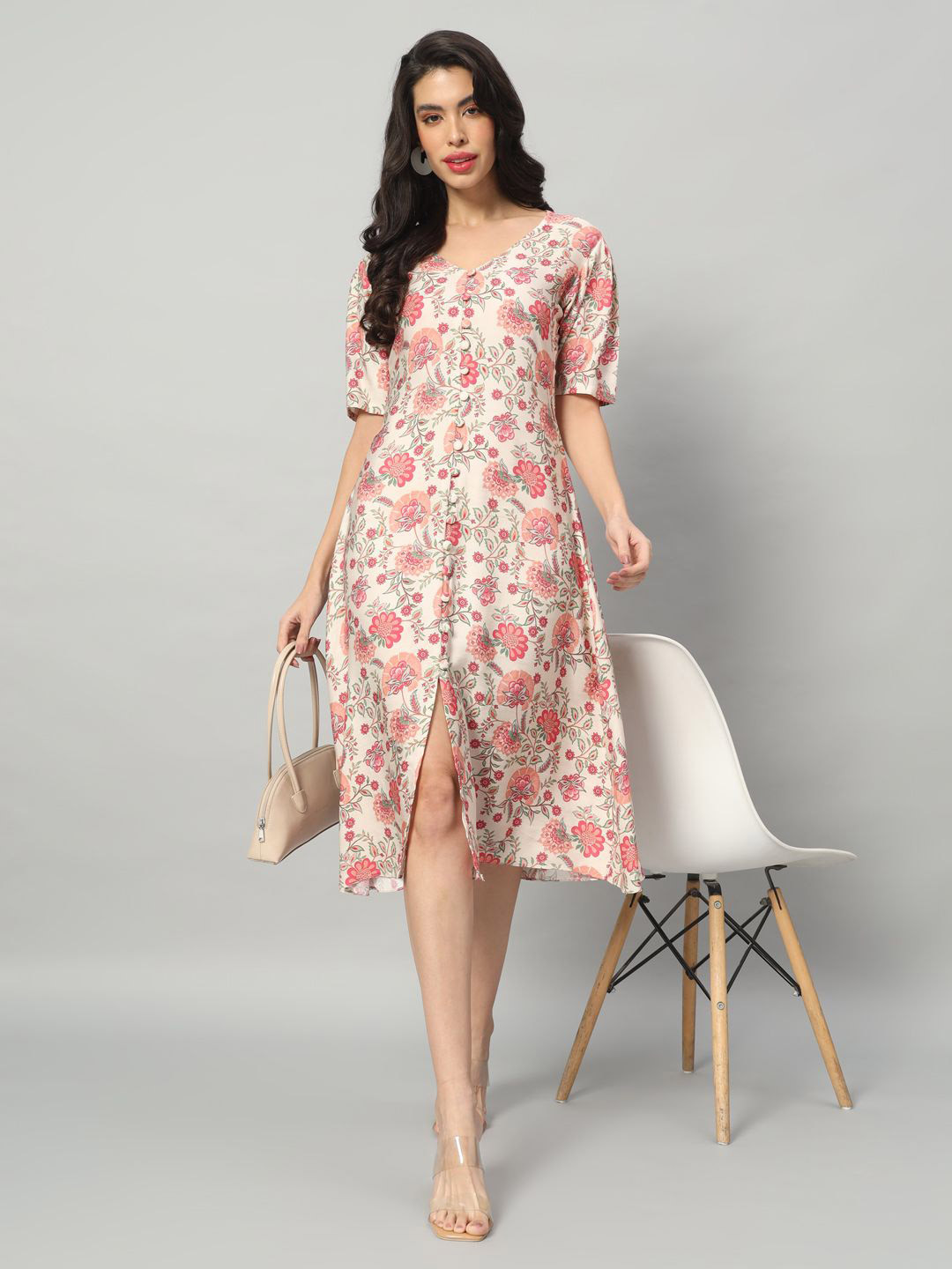 

BRIJAL LAD Floral Printed A-Line Midi Dress, Cream