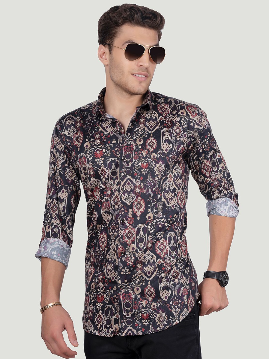 

ALMATY Men Comfort Spread Collar Ethnic Motifs Printed Cotton Slim Fit Party Shirt, Brown