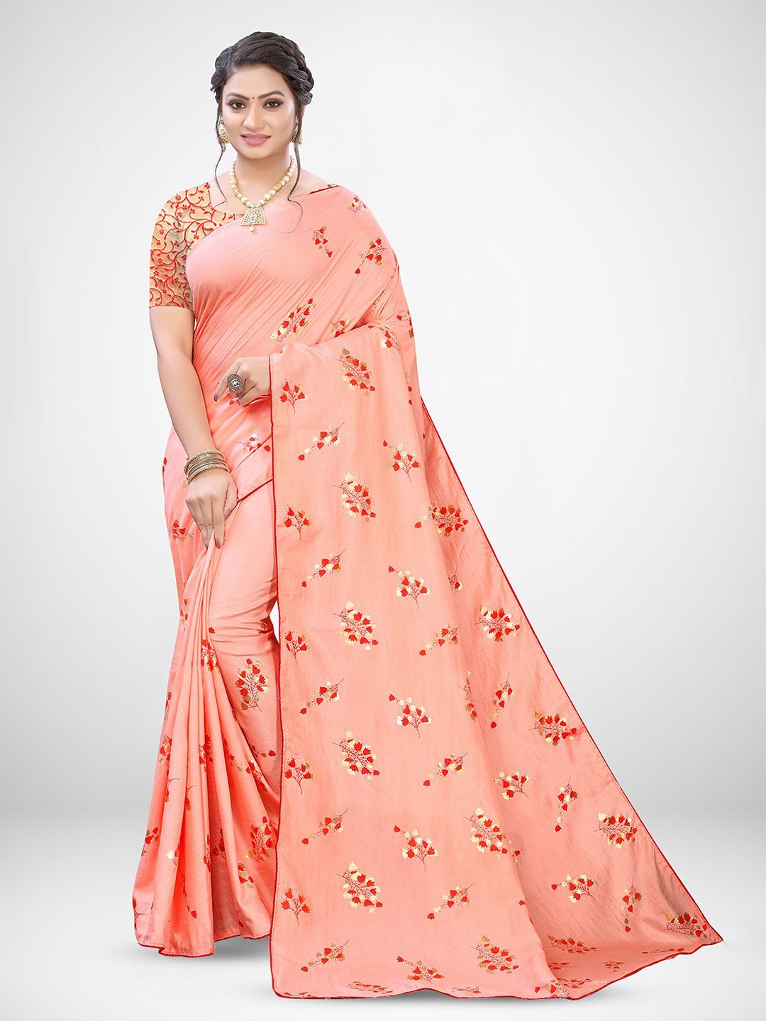 

Mitera Floral Linen Blend Printed Saree, Pink