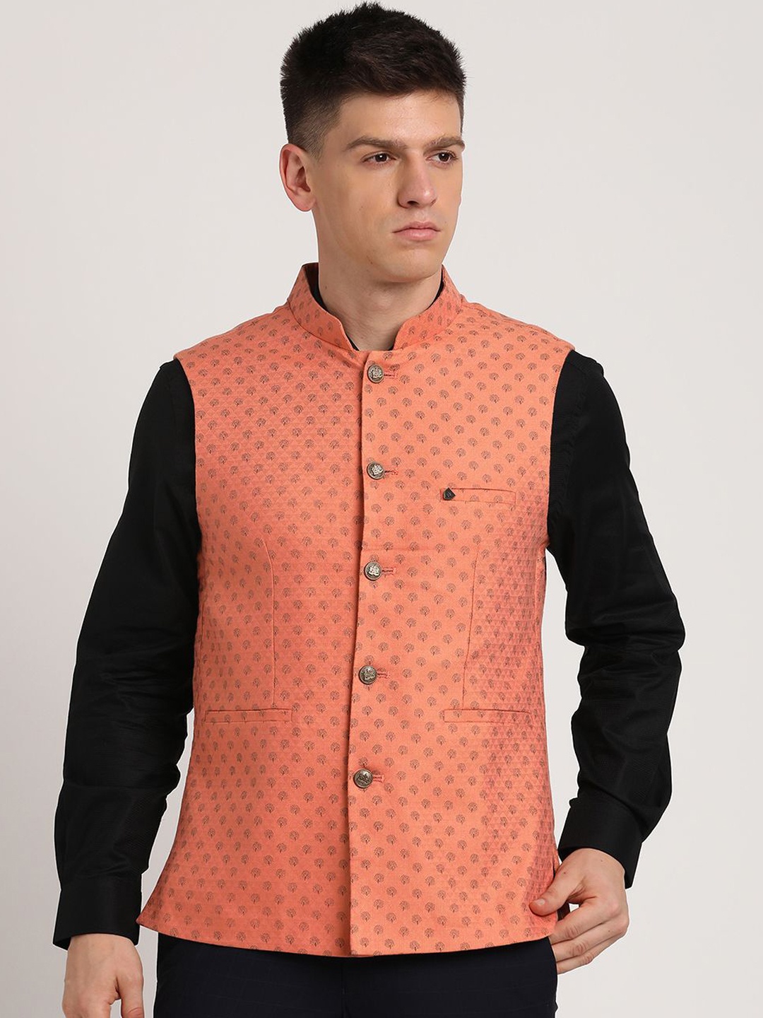 

Turtle Printed Nehru Jacket, Coral