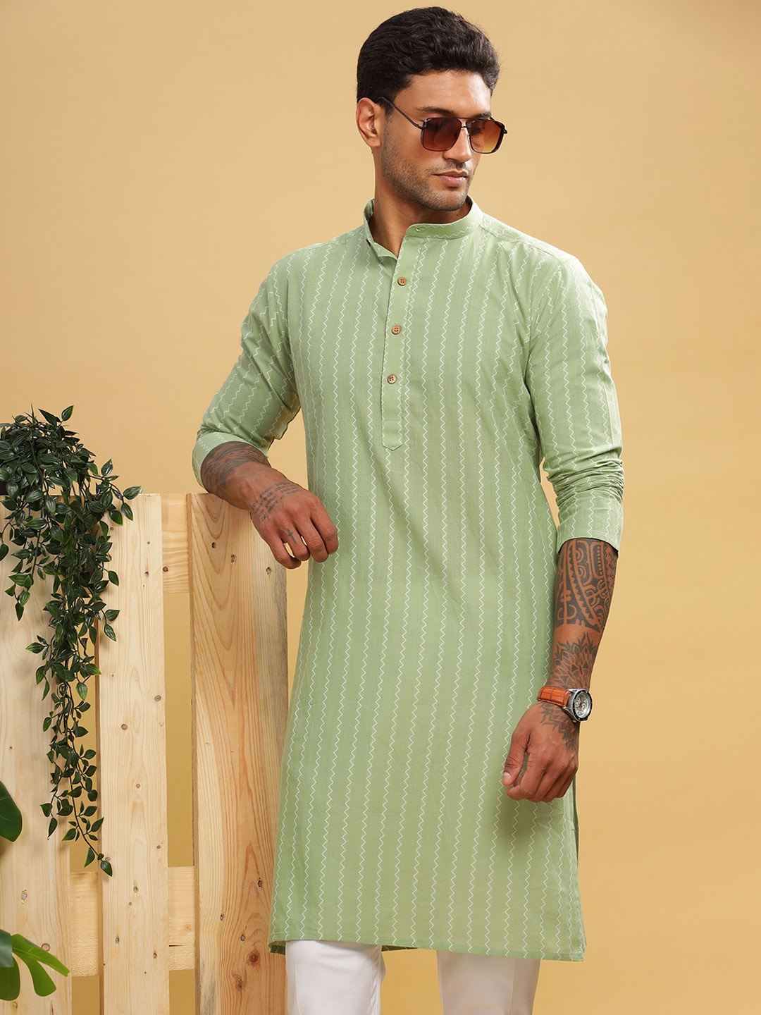 

Anouk Green Striped Band Collar Cotton Straight Kurta