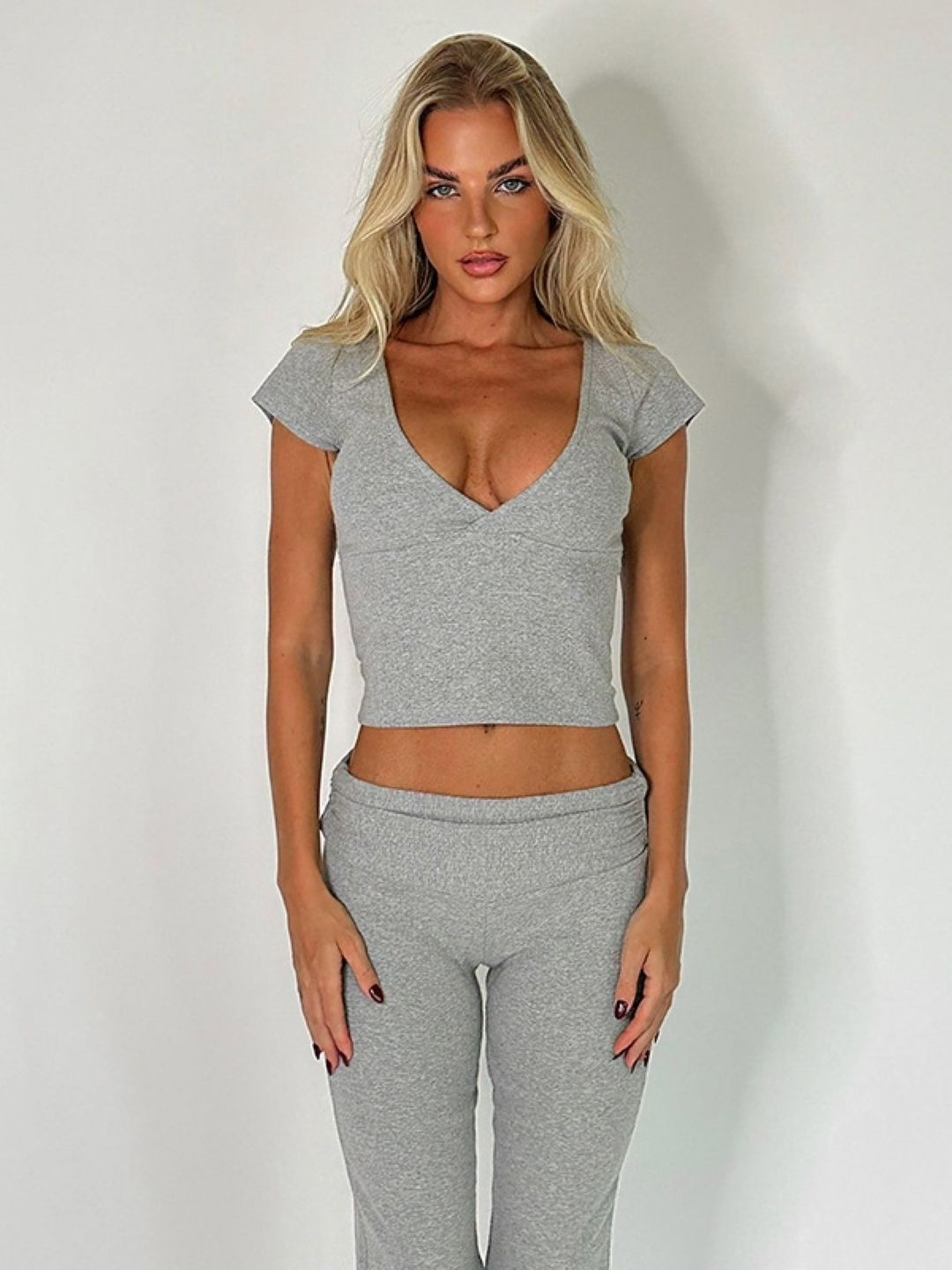 

KPOP V Neck Top With Trousers Co-Ords, Silver