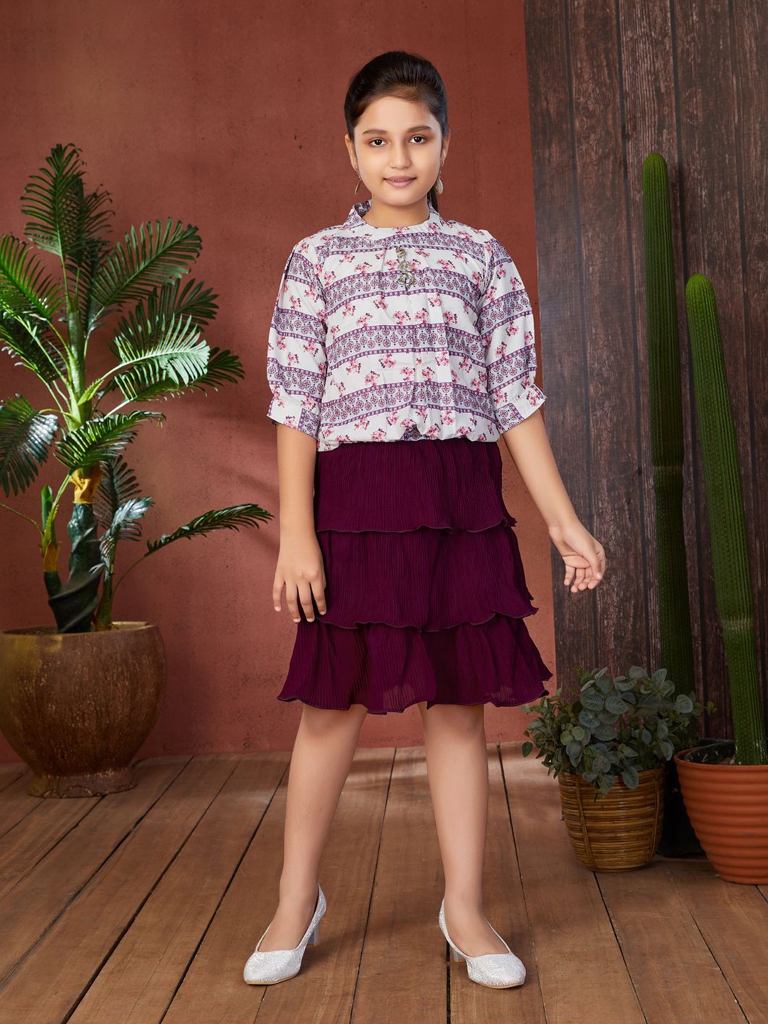 

Aarika Girls Printed High Neck Top with Skirt, White