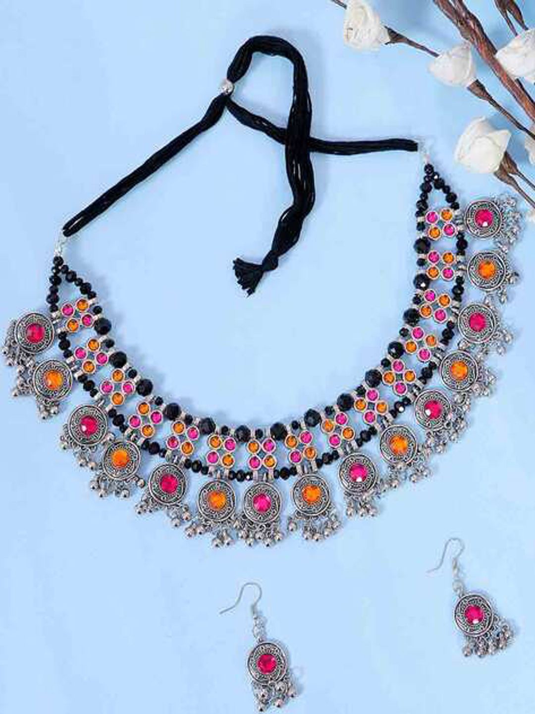 

Krelin Silver-Plated Artificial Stones Studded & Beaded Necklace & Earrings, Pink