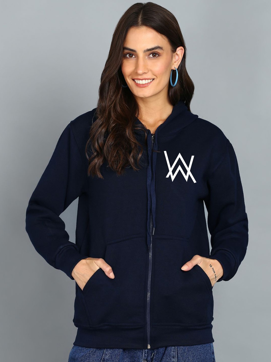 

FALTU.CO Women Printed Hooded Sweatshirt, Navy blue