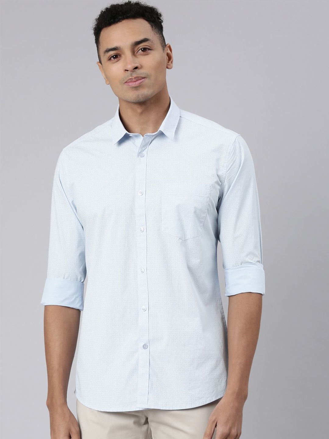 

Classic Polo Men India Spread Collar Printed Cotton Slim Fit Casual Shirt, Blue