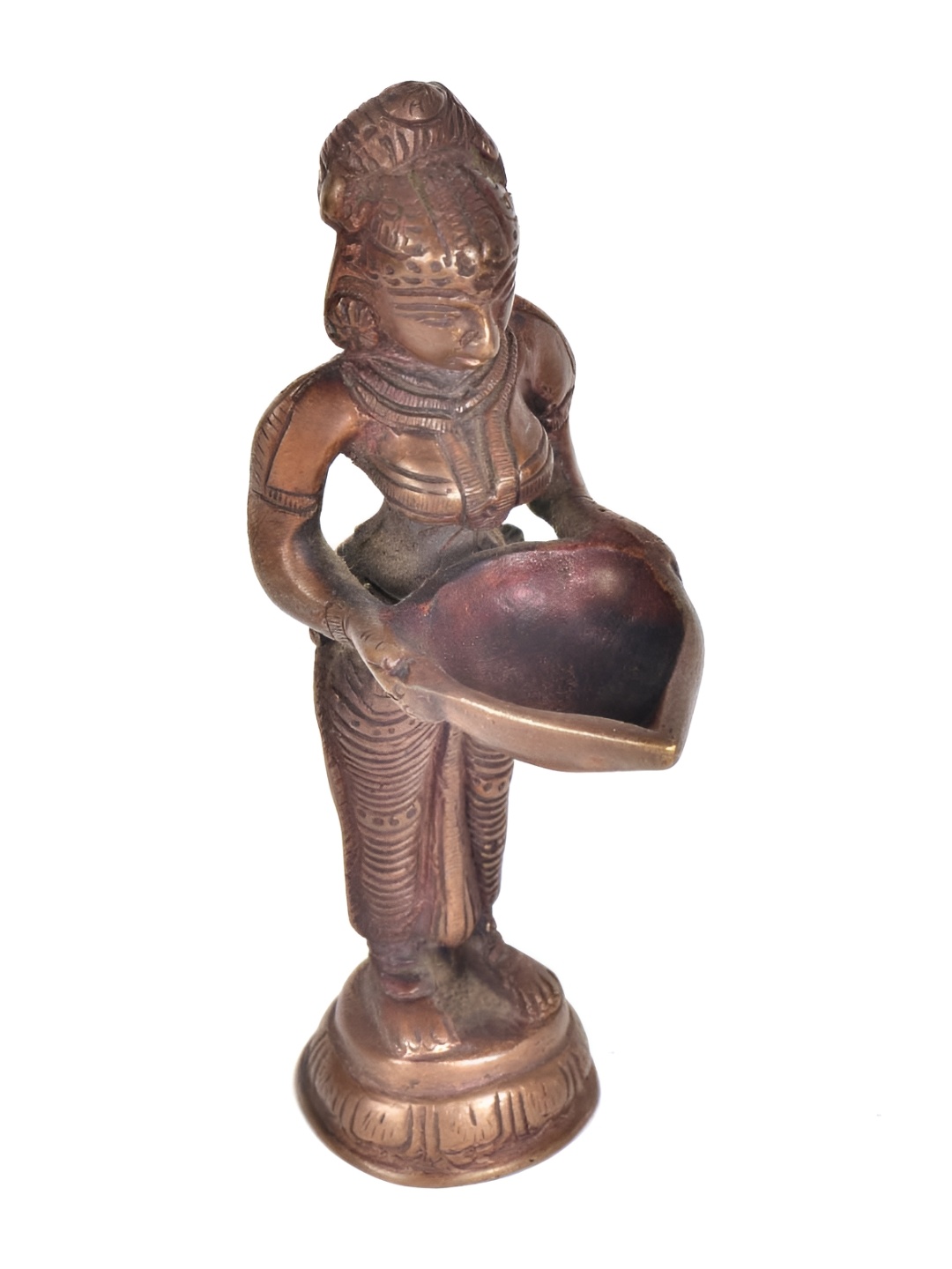 

Indianshelf Bronze Textured Antique Brass Standing Lady Statue Holding Deepam Diya